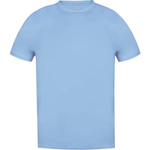 A light blue adult T-shirt with a round neck and short sleeves, featuring a logo on the front.