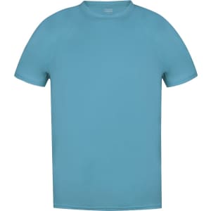 A turquoise adult t-shirt with short sleeves and a plain design. It features a logo on the neckline.