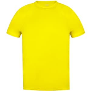 A bright yellow adult T-shirt with short sleeves and a crew neckline, featuring a logo.