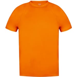 An orange adult T-shirt with a simple design and a logo. Suitable for casual wear.