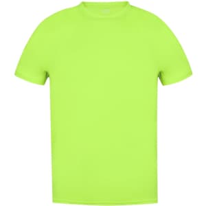 A bright lime green adult t-shirt with a classic crew neck and short sleeves, featuring a logo on the chest.