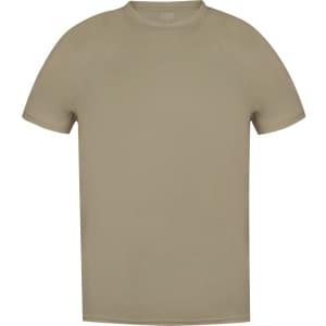 A beige adult T-shirt with a round neckline and short sleeves, featuring a logo on the side.