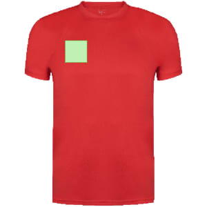 A red adult T-shirt featuring a square green space, with a logo on the chest area.