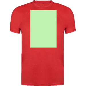 A red adult T-shirt featuring a blank green area on the front. The shirt has a logo on it.