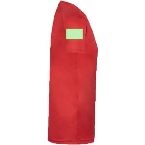 A red adult T-shirt with a blank patch on the sleeve and no visible logos or branding.