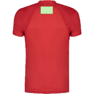 A red adult T-shirt featuring a logo or branding on the back. The shirt has a standard fit and short sleeves.
