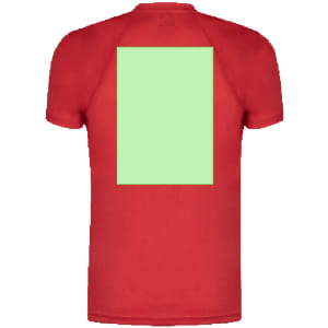 A red adult T-shirt with a rectangular blank area on the back for customisation. It features a logo on the front.