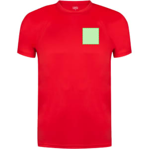 A red children's T-shirt featuring a square green patch and a logo. Ideal for casual wear.