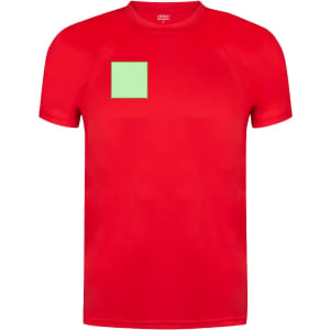 A red kids' T-shirt featuring a green square design and short sleeves. It includes a logo on the front.