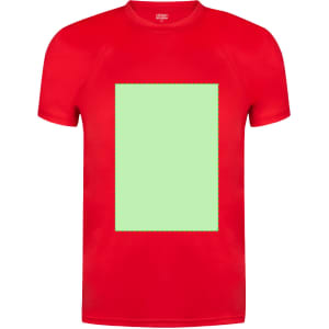 A red kids' T-shirt featuring a green rectangular design in the centre and a logo on the front.