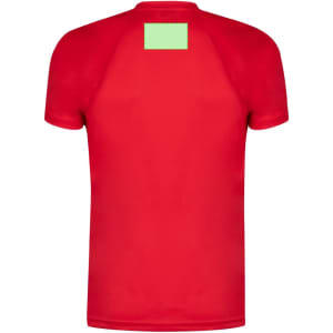 A red kids' T-shirt featuring a blank area on the back and short sleeves. It has a logo.