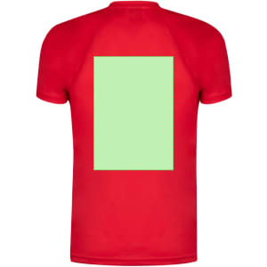 A red kids' T-shirt featuring a blank green rectangle and a logo on the back.