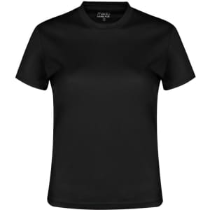 A black women's T-shirt with a simple design and a logo on the neckline.