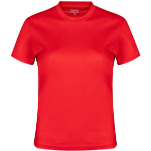 A red women's T-shirt with a round neckline, short sleeves, and a logo on the inside.