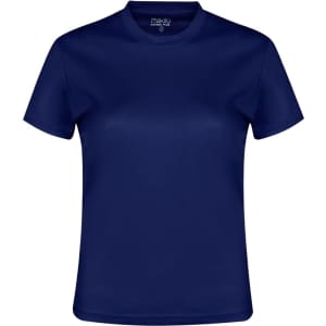A navy blue women’s T-shirt featuring a round neckline and short sleeves, with a branding logo.
