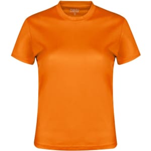 An orange women's T-shirt with a classic crew neck design and a logo on the label.