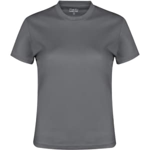 A grey women's t-shirt featuring a round neckline and short sleeves, with a branding logo on the label.