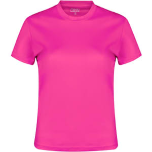 A bright pink women's t-shirt with a round neckline and short sleeves, featuring a logo on the label.