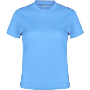 A light blue women's T-shirt with a round neckline and short sleeves. The shirt features a logo.
