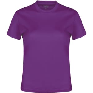 A women's T-shirt in a solid purple colour, featuring a round neck and short sleeves, with a logo.