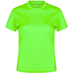 A women's T-shirt in bright lime green, featuring a classic crew neck and short sleeves. It has a logo on the label.