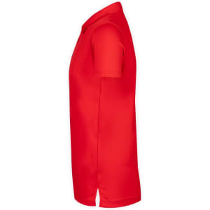 A bright red polo shirt with short sleeves, featuring a collar and a side vent for comfort.