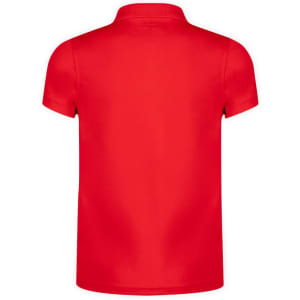 A red polo shirt with a collar and short sleeves, featuring a branding logo on the back.