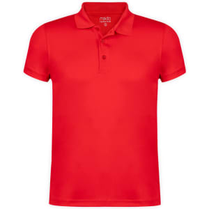 A red polo shirt with a collar and three buttons, featuring a brand logo on the neckline.