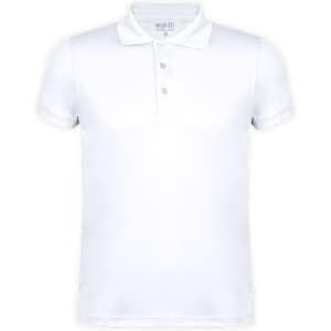 A white polo shirt featuring a collar and three buttons, with a logo on the upper back.
