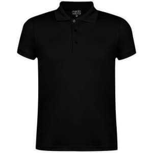 A black polo shirt with a collar, short sleeves, and a three-button placket. It features a logo on the inside.