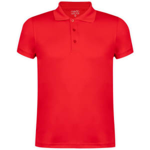 A red polo shirt with a classic collar and three-button placket, featuring a logo on the chest.