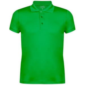 A green polo shirt with a collar and three-button placket. It features a logo on the chest area.