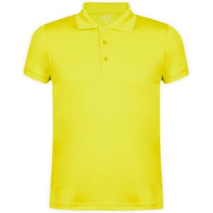 A bright yellow polo shirt featuring a classic collar and three-button placket. It has a logo on the chest.