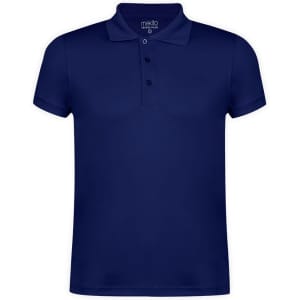A navy blue polo shirt with a collar and three buttons. It features a logo on the upper area.