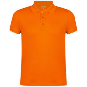 An orange polo shirt with a collar, featuring three buttons and a logo on the upper section.