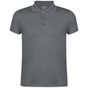 A grey polo shirt with a classic collar, three buttons, and a logo on the upper side.