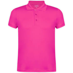A pink polo shirt with a classic collar and three-button placket, featuring a small logo.