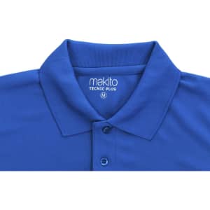 A blue Tecnic Plus polo shirt featuring a collar and buttons, with a logo at the neckline.
