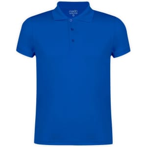 A blue polo shirt featuring a collar and three buttons, with a logo present.