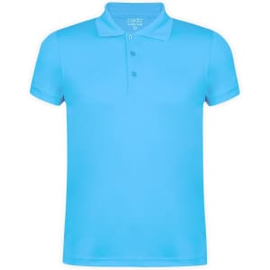 A light blue polo shirt featuring a collar and three buttons, with a logo on the upper section.