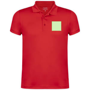 A red polo shirt featuring a square area in light green, with a collar and three buttons. It has a logo on the chest.