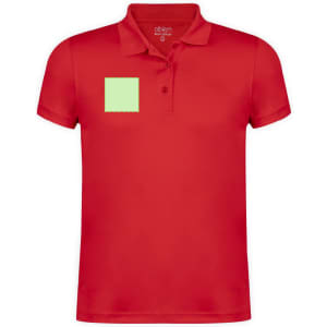 A red polo shirt with a green patch on the left chest area and a collar. It features a logo on the front.