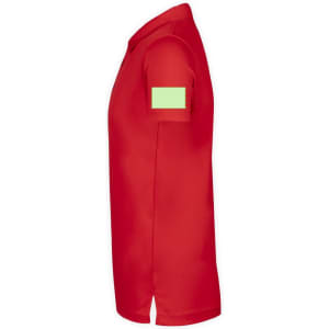 A red polo shirt featuring a green badge on the sleeve and a classic collar.