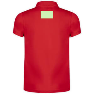 A red polo shirt featuring a collar and a logo at the back. It's designed for promotional purposes.