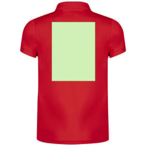 A red polo shirt featuring a plain green rectangular area on the back and a small logo on the front.