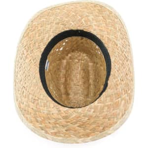 A straw hat with a round, open crown, featuring a natural woven texture and a black inner band.