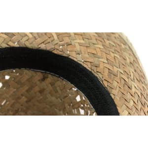A straw hat with a natural woven design and a black fabric band around the brim. Features a logo.