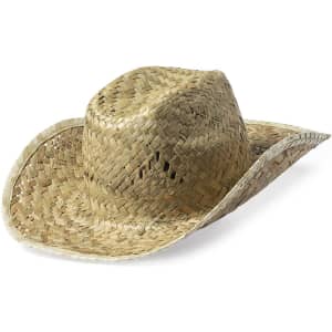 A straw bull hat in a natural beige colour with a wide brim and a woven texture. It features a logo.