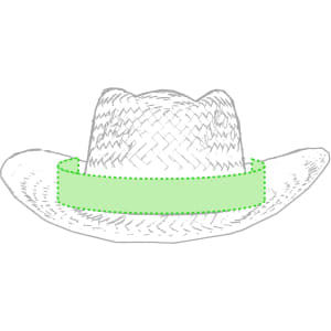 A straw hat in a classic western style, featuring a wide brim and a green band around the crown.