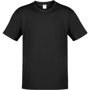 A black adult T-shirt with short sleeves, featuring a simple design and a tag at the neckline.